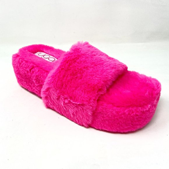 Sugar Wryde Hot Pink Platform Womens Fluffy Slip On Fur Slipper Warm Sandals - Picture 2 of 5